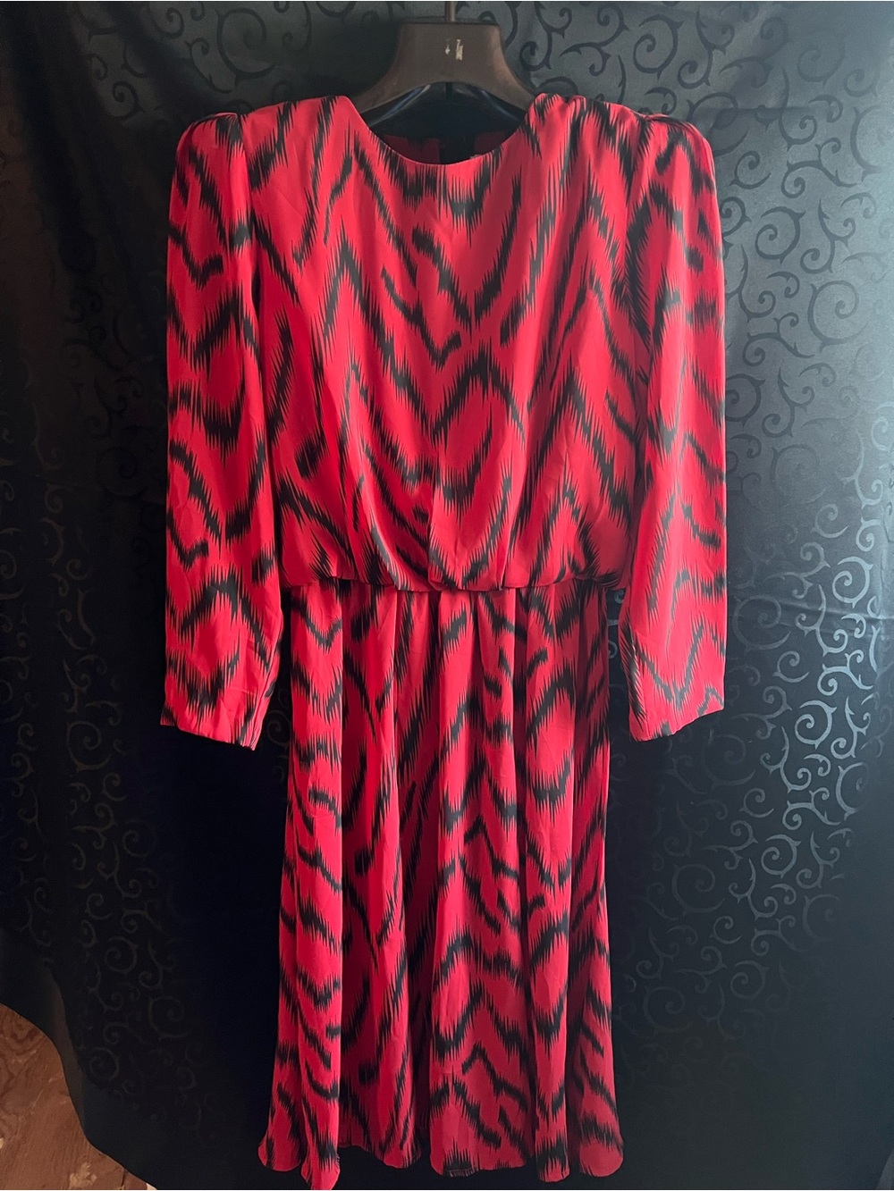 Vintage Red and Black Patterned Long Sleeve Women's Dress